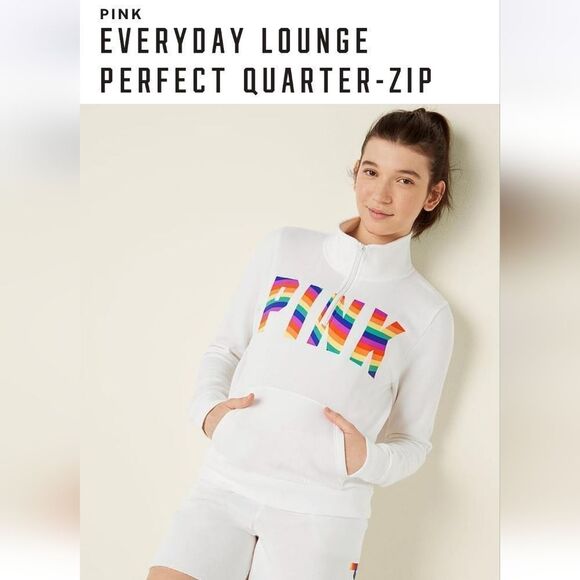 PINK Everyday Lounge Perfect Quarter Zip Classic Pullover OPTIC WHITE PRIDE MED. - Picture 12 of 16